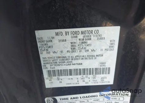 2010 Ford F-150 Fx2 Sport/Harley-Davidson/King Ranch/Lariat/Platinum/Xl/Xlt from USA, damaged, VIN 1FTEW1CV2AFA87688
